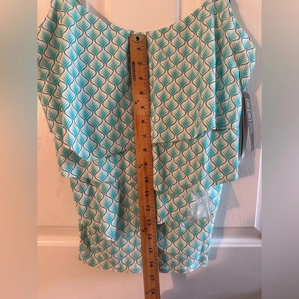NWT COCO REEF 34D Siren Aura Ruffle Underwire Tankini Top Blue Green Geometric